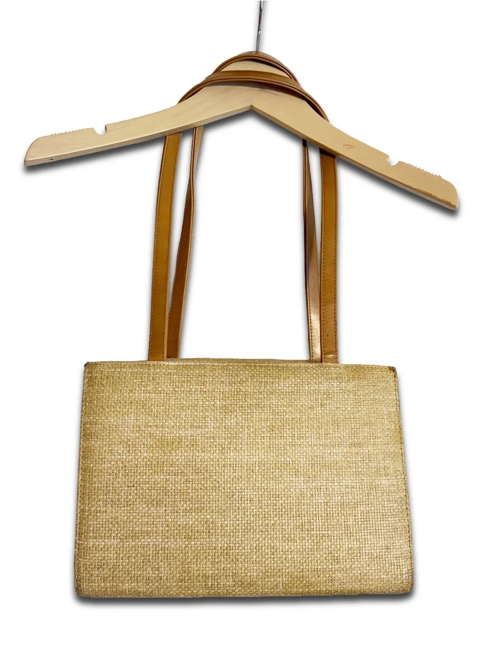 Rare Vintage Kate Spade New York Raffia Straw Tote Shoulder Bag Tan Leather Y2K